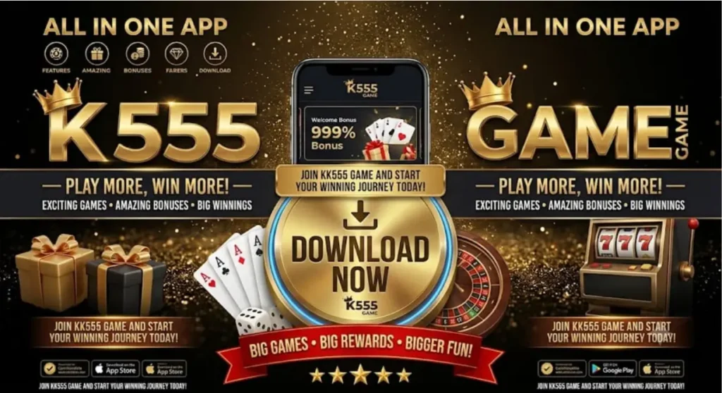 KK555 Game APK latest version home screen with Android download and gaming dashboard.