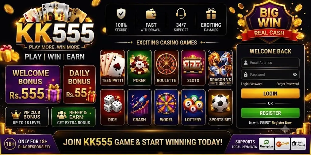 KK555 Game collection featuring slots, fishing games, card games, live casino, and other popular entertainment options.