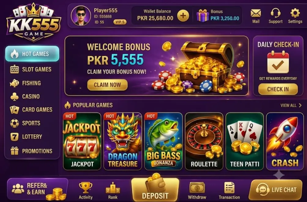 KK555 Game APK interface displaying popular games, rewards, wallet, and Android download features.